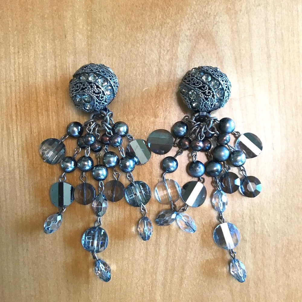 Vintage Elegant Goth Clip On Earrings Silver with Rhinestones